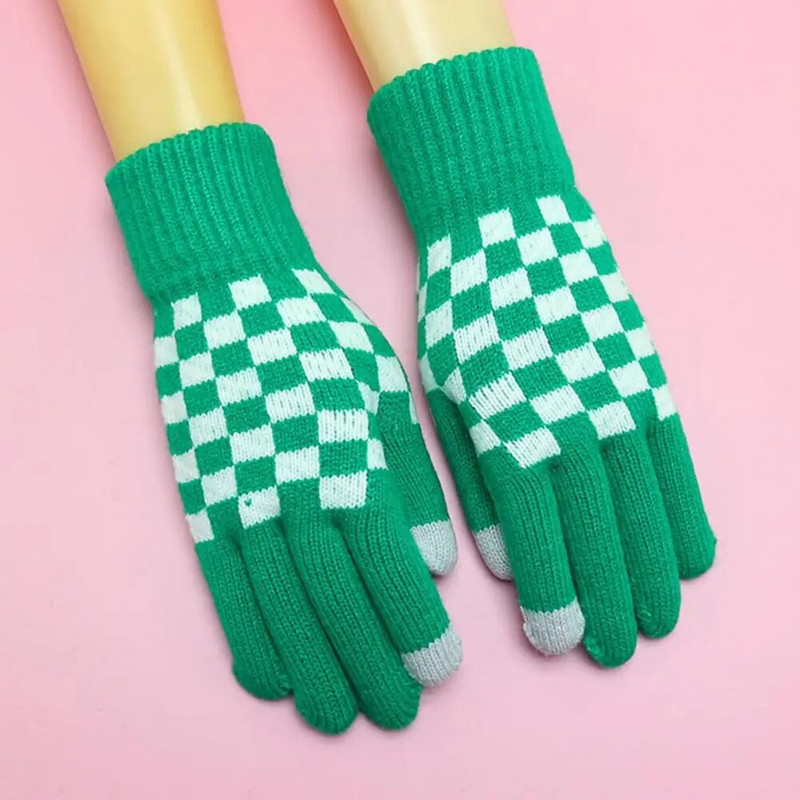 Σχέδιο σκακιέρας Γυναικεία χειμωνιάτικα γάντια Ενήλικες Παιδιά Full Finger Thicken Camping Πεζοπορία Πλεκτά γάντια με πλήρες δάχτυλο Y2k γάντια