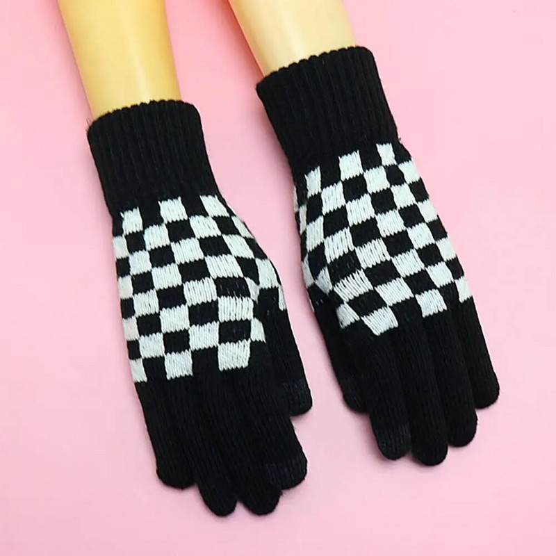 Σχέδιο σκακιέρας Γυναικεία χειμωνιάτικα γάντια Ενήλικες Παιδιά Full Finger Thicken Camping Πεζοπορία Πλεκτά γάντια με πλήρες δάχτυλο Y2k γάντια