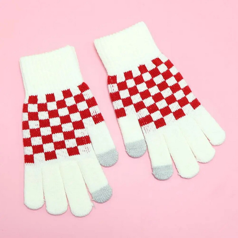 Σχέδιο σκακιέρας Γυναικεία χειμωνιάτικα γάντια Ενήλικες Παιδιά Full Finger Thicken Camping Πεζοπορία Πλεκτά γάντια με πλήρες δάχτυλο Y2k γάντια