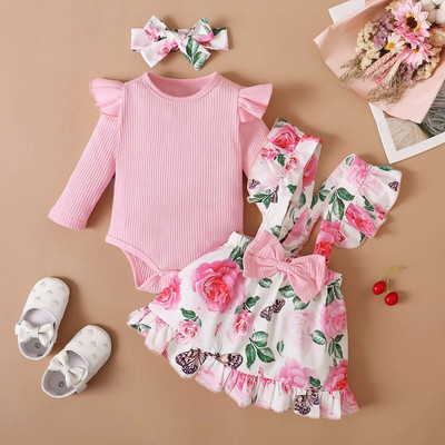 Vastsündinu Kleit Beebi Tüdruku Kleit Kirjatrükiga Romper + Daisy Ruffle Sukkadega seelik Moodne pikkade varrukatega kevadsügisne väikelapse kleit