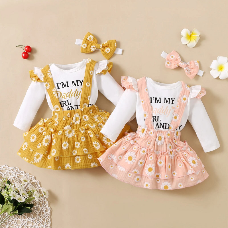 Vastsündinu Kleit Beebi Tüdruku Kleit Kirjatrükiga Romper + Daisy Ruffle Sukkadega seelik Moodne pikkade varrukatega kevadsügisne väikelapse kleit