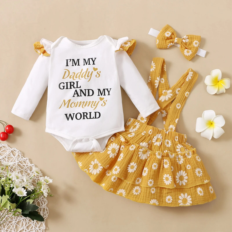 Vastsündinu Kleit Beebi Tüdruku Kleit Kirjatrükiga Romper + Daisy Ruffle Sukkadega seelik Moodne pikkade varrukatega kevadsügisne väikelapse kleit