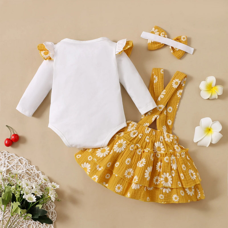 Vastsündinu Kleit Beebi Tüdruku Kleit Kirjatrükiga Romper + Daisy Ruffle Sukkadega seelik Moodne pikkade varrukatega kevadsügisne väikelapse kleit