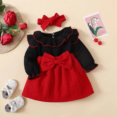 0-3T Rochie pentru fetiță Rochii pentru fetiță Rochii cu mânecă lungă pentru sugari Rochie din velur cu fundă Prințesă drăguță Primăvară Toamnă Iarnă Haine pentru fete