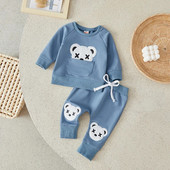 Suefunskry Toddler Boys Autumn 2Pcs Σετ παντελονιών Μακρυμάνικο Bear Κέντημα πουλόβερ Μπλουζάκια και Σετ παντελόνια με κορδόνια 0-3 ετών