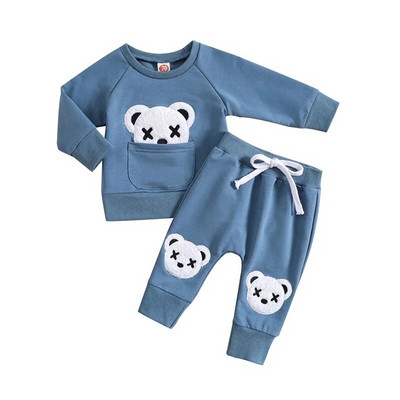 Suefunskry Toddler Boys Autumn 2Pcs Σετ παντελονιών Μακρυμάνικο Bear Κέντημα πουλόβερ Μπλουζάκια και Σετ παντελόνια με κορδόνια 0-3 ετών