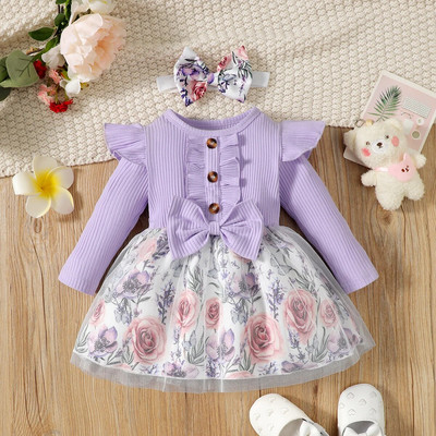 Rochie pentru fete nou-născute, de primăvară și toamnă, haine pentru fetiță, mov, cu mânecă lungă, cu cusături, imprimeu cu flori, plus rochie de plasă albă pentru bebeluși