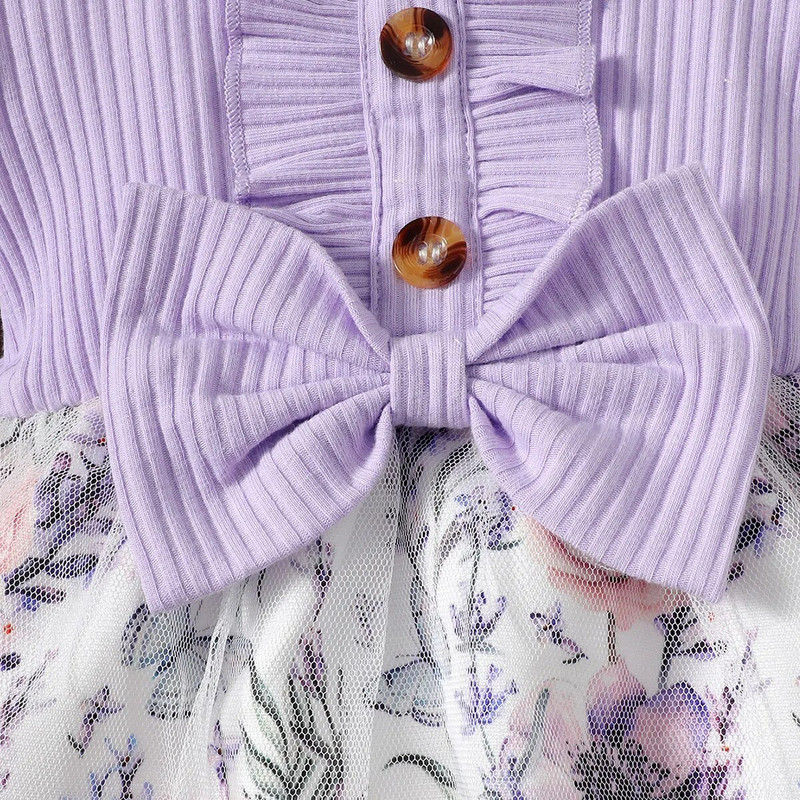 Rochie pentru fete nou-născute, de primăvară și toamnă, haine pentru fetiță, mov, cu mânecă lungă, cu cusături, imprimeu cu flori, plus rochie de plasă albă pentru bebeluși