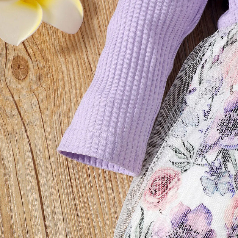 Rochie pentru fete nou-născute, de primăvară și toamnă, haine pentru fetiță, mov, cu mânecă lungă, cu cusături, imprimeu cu flori, plus rochie de plasă albă pentru bebeluși