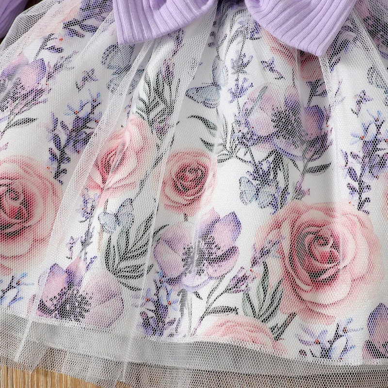 Rochie pentru fete nou-născute, de primăvară și toamnă, haine pentru fetiță, mov, cu mânecă lungă, cu cusături, imprimeu cu flori, plus rochie de plasă albă pentru bebeluși