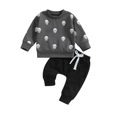 Suefunskry Nou-născut Bebeluș Băiat 2 buc ținute Halloween cu craniu imprimat hanorac cu mânecă lungă Pulovere și pantaloni Haine de toamnă 0-3 ani