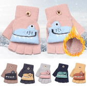 Dinozaur din desene animate pentru copii, iarnă, tricotate cu jumătate de deget, mănuși în aer liber din bumbac, moale, groase, calde, fără degete, pentru copii mici.