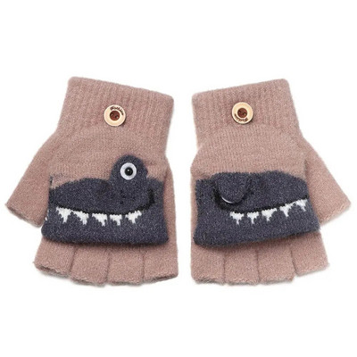 Dinozaur din desene animate pentru copii, iarnă, tricotate cu jumătate de deget, mănuși în aer liber din bumbac, moale, groase, calde, fără degete, pentru copii mici.