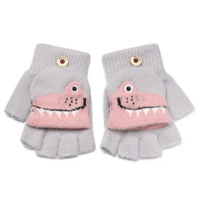 Dinozaur din desene animate pentru copii, iarnă, tricotate cu jumătate de deget, mănuși în aer liber din bumbac, moale, groase, calde, fără degete, pentru copii mici.