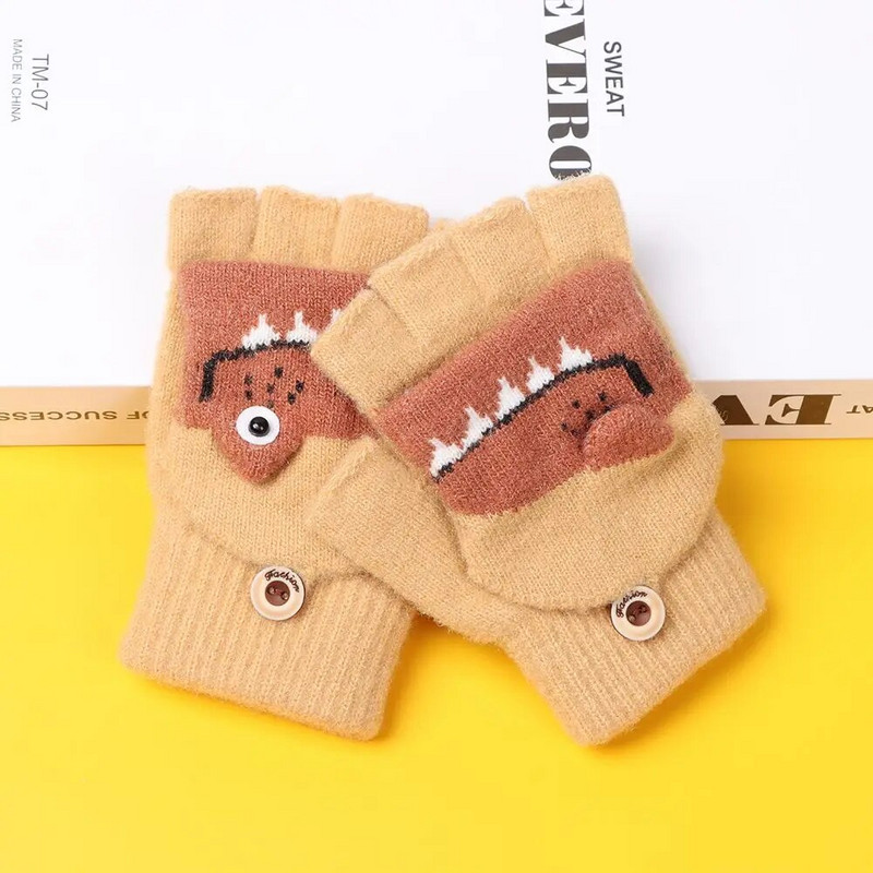 Dinozaur din desene animate pentru copii, iarnă, tricotate cu jumătate de deget, mănuși în aer liber din bumbac, moale, groase, calde, fără degete, pentru copii mici.