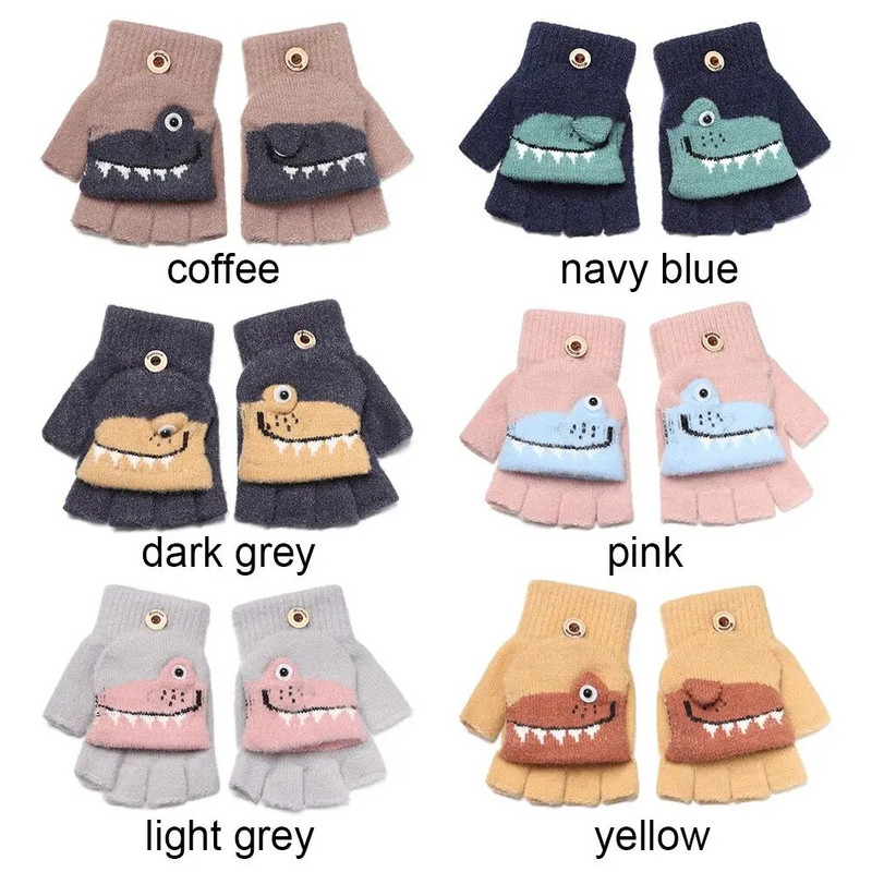 Dinozaur din desene animate pentru copii, iarnă, tricotate cu jumătate de deget, mănuși în aer liber din bumbac, moale, groase, calde, fără degete, pentru copii mici.