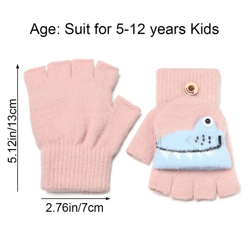 Dinozaur din desene animate pentru copii, iarnă, tricotate cu jumătate de deget, mănuși în aer liber din bumbac, moale, groase, calde, fără degete, pentru copii mici.