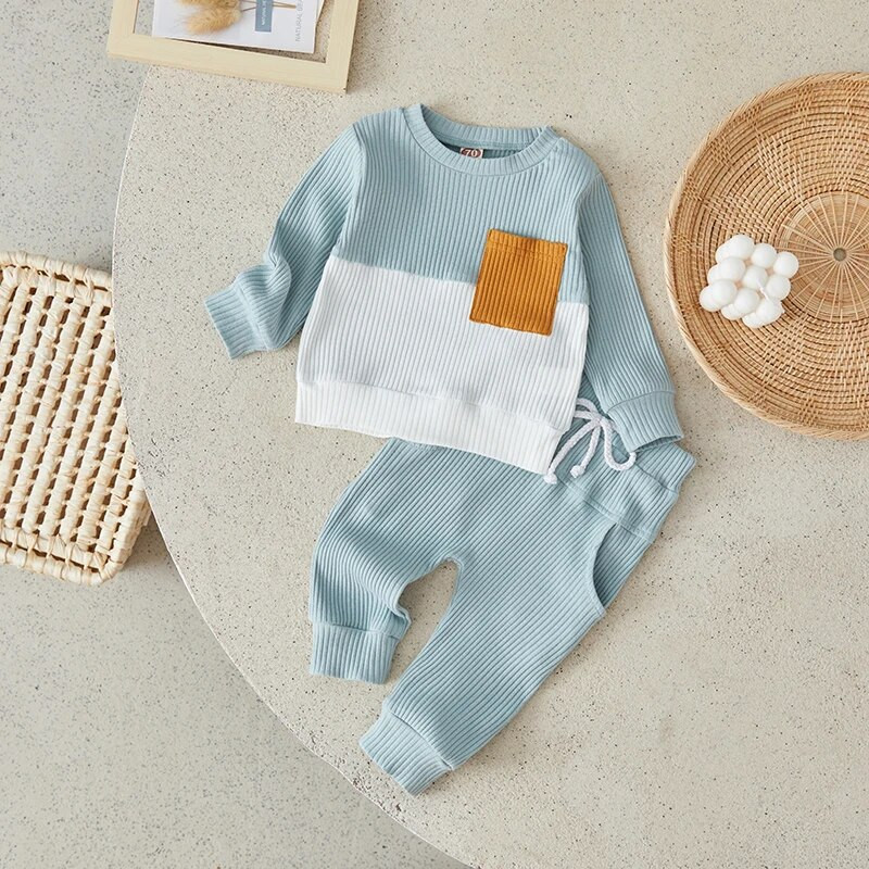 Φθινοπωρινό σετ Suefunskry Baby Boys, Φούτερ με μακρυμάνικη λαιμόκοψη σε αντίθεση χρώματος με ελαστικό παντελόνι μέσης Βρεφικά ρούχα, 0-3 ετών