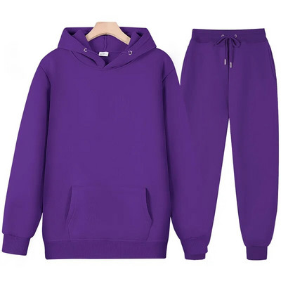 Set cu mâneci lungi de culoare uni pentru bărbați și femei, pulover gros și pantaloni lungi, set 2 piese, pentru bărbați, toamnă, fleece, jogger, costum sport