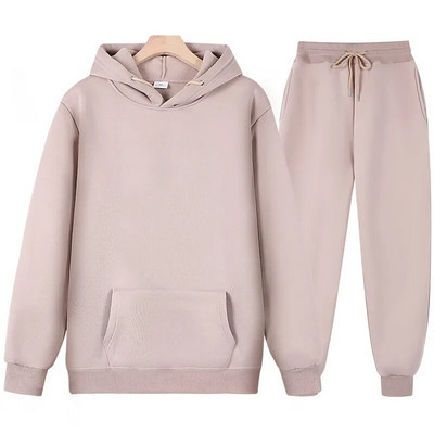 Set cu mâneci lungi de culoare uni pentru bărbați și femei, pulover gros și pantaloni lungi, set 2 piese, pentru bărbați, toamnă, fleece, jogger, costum sport