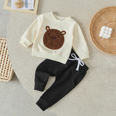 Suefunskry Infant Baby 2Pcs Есенни тоалети с дълъг ръкав Bear Embroidery Pullover Tops and Pocket Pants Топли дрехи Комплект 0-3Years