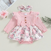 ma&baby 0-18M Νεογέννητο Βρέφος Κοριτσάκι Romper Χαριτωμένο λουλουδάτο στάμπα μακρυμάνικη φόρμα νήπιο Φθινοπωρινό Spirng Πλεκτά Ρούχα D05