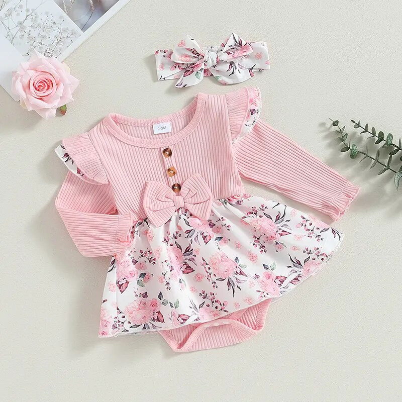 ma&baby 0-18M Νεογέννητο Βρέφος Κοριτσάκι Romper Χαριτωμένο λουλουδάτο στάμπα μακρυμάνικη φόρμα νήπιο Φθινοπωρινό Spirng Πλεκτά Ρούχα D05