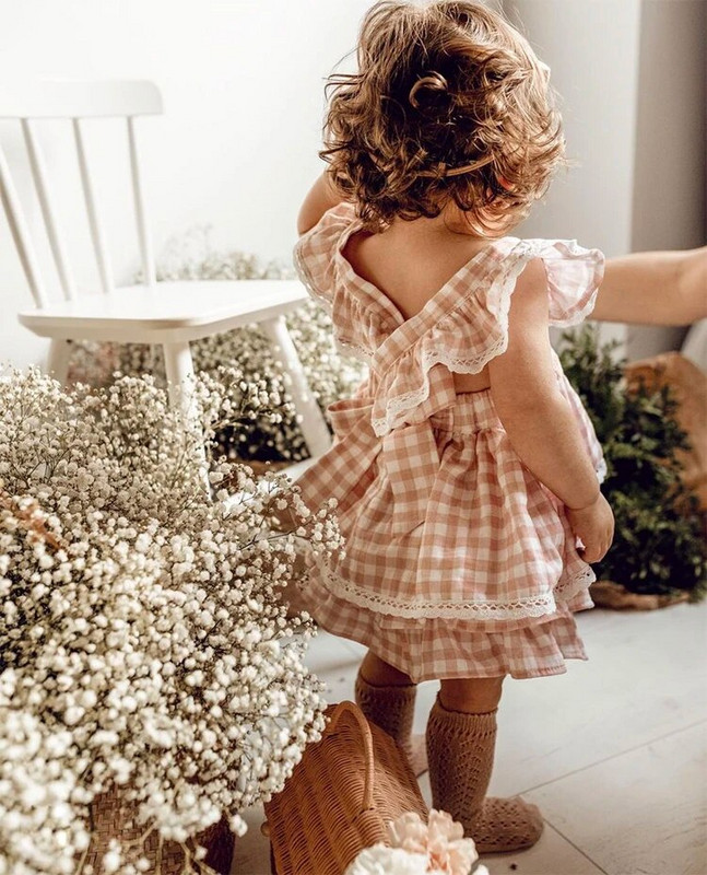 1 set rochie în carouri roz, fără mâneci, rochie încrucișată cu volane pentru copii, rochii de prințesă pentru copii 4T