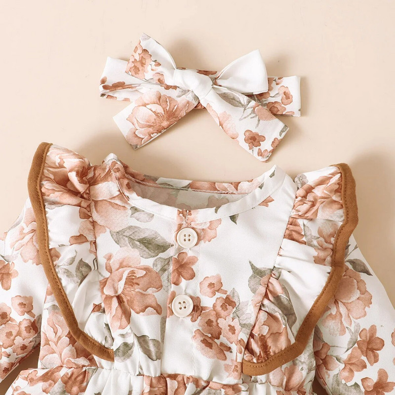Bebeluşul nou-născut de 0-2 ani, jachetă de primăvară şi toamnă cu imprimeu floral, cu nasturi, cu pantaloni maro cu fund clopot