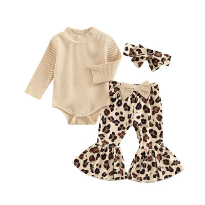 Set pantaloni pentru bebeluși fetițe cu mânecă lungă + pantaloni evazați cu fundiță cu imprimeu leopard + bentiță 3BUC haine ținute de primăvară toamnă