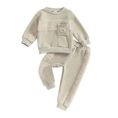 Suefunskry Bebeluș 2 buc ținute toamnă iarnă cu mânecă lungă broderie urs din desene animate hanorac și pantaloni set haine calde pentru sugari 3-24 m