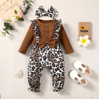 Bebeluş nou-născut de 0-2 ani, secțiunea de primăvară și toamnă, cu buton maro, pantaloni cu mâneci lungi cu imprimeu leopard, drăguț