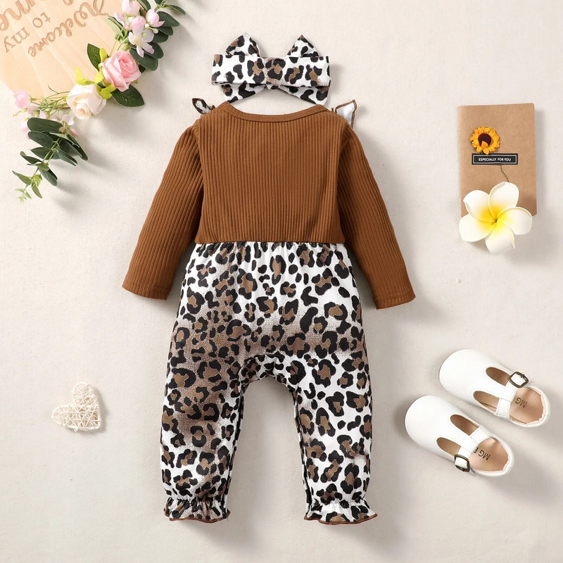 0-2-aastane vastsündinud beebitüdruk kevad- ja sügisosa pruun välkunupp pikkade varrukatega leopardimustrilised püksid armsad onesie