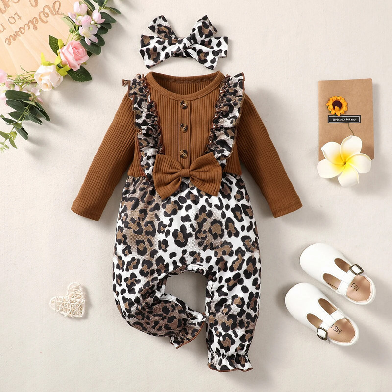 0-2-aastane vastsündinud beebitüdruk kevad- ja sügisosa pruun välkunupp pikkade varrukatega leopardimustrilised püksid armsad onesie