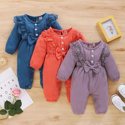 Újszülött baba lányok Body Pamut Romper vászon Hosszú ujjú Egyszínű csipke Patchwork Bowknot Lovely Jumpsuit ruházat