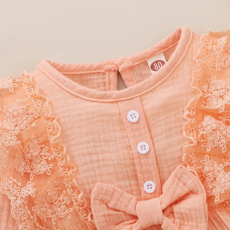 Νεογέννητο κοριτσίστικο κορμάκι Βαμβακερό λινό μακρυμάνικο μονόχρωμο δαντέλα συνονθύλευμα παπιγιόν Lovely jumpsuit ρούχα