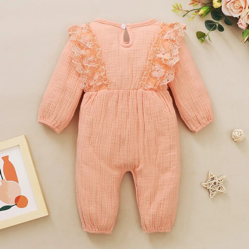 Νεογέννητο κοριτσίστικο κορμάκι Βαμβακερό λινό μακρυμάνικο μονόχρωμο δαντέλα συνονθύλευμα παπιγιόν Lovely jumpsuit ρούχα