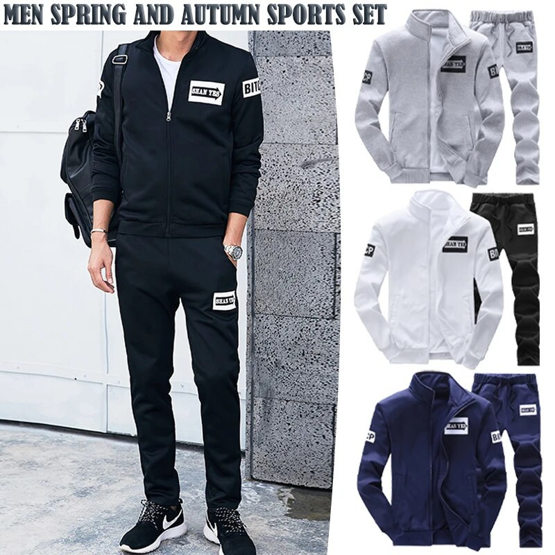 Meeste ühevärviline püstkrae vabaaja pikkade varrukatega tõmblukuga mantel Spordimantel + püksid, kostüüm välijooksuspordiriided M-4XL