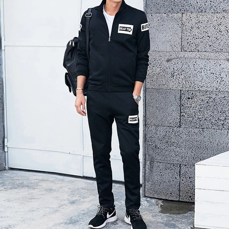 Meeste ühevärviline püstkrae vabaaja pikkade varrukatega tõmblukuga mantel Spordimantel + püksid, kostüüm välijooksuspordiriided M-4XL