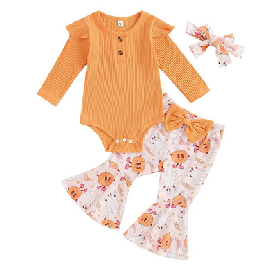 Beebitüdrukute sügisriietus, pikkade varrukatega püksid kõrvitsa/kummitusprintimise pükstega ja peapaelaga Halloweeni riided