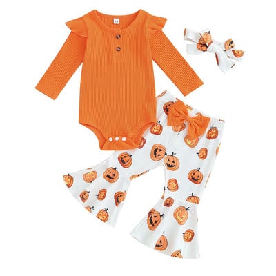 Beebitüdrukute sügisriietus, pikkade varrukatega püksid kõrvitsa/kummitusprintimise pükstega ja peapaelaga Halloweeni riided