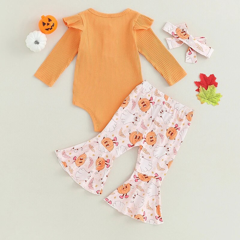 Beebitüdrukute sügisriietus, pikkade varrukatega püksid kõrvitsa/kummitusprintimise pükstega ja peapaelaga Halloweeni riided