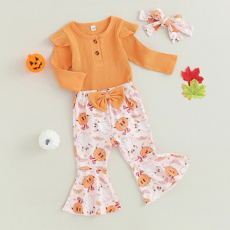 Beebitüdrukute sügisriietus, pikkade varrukatega püksid kõrvitsa/kummitusprintimise pükstega ja peapaelaga Halloweeni riided