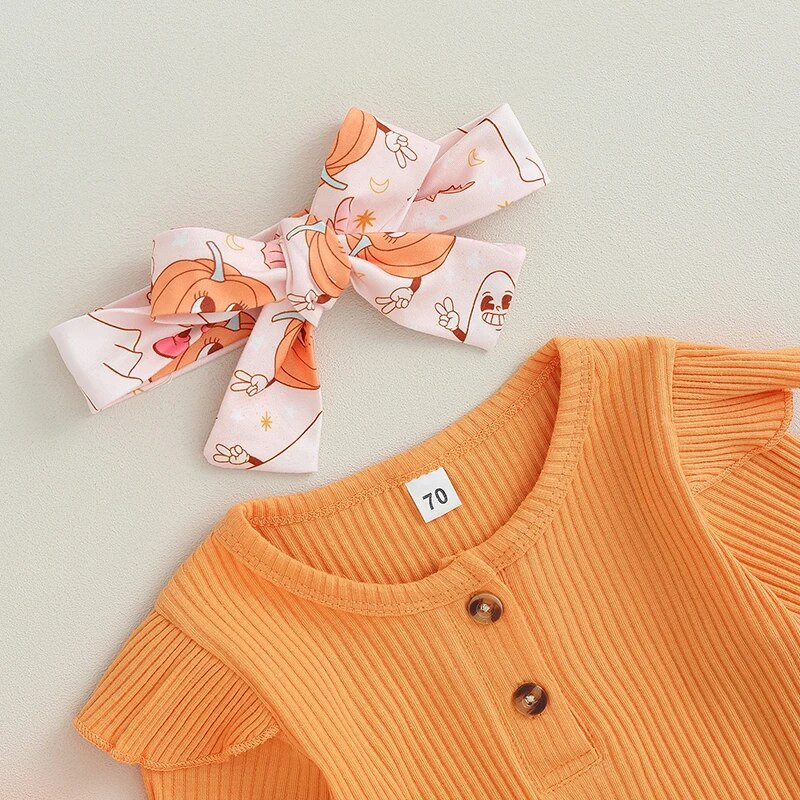 Beebitüdrukute sügisriietus, pikkade varrukatega püksid kõrvitsa/kummitusprintimise pükstega ja peapaelaga Halloweeni riided
