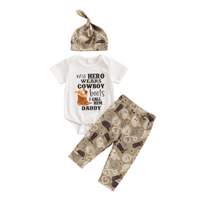Βρεφικά αγόρια Καλοκαιρινά Ρούχα Κοστούμια Επιστολή στάμπα με κοντό μανίκι Crew Romper καουμπόικο καπέλο/μπότες τύπωμα μακρύ παντελόνι καπέλο 3 τεμ.
