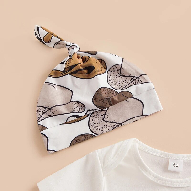 Βρεφικά αγόρια Καλοκαιρινά Ρούχα Κοστούμια Επιστολή στάμπα με κοντό μανίκι Crew Romper καουμπόικο καπέλο/μπότες τύπωμα μακρύ παντελόνι καπέλο 3 τεμ.