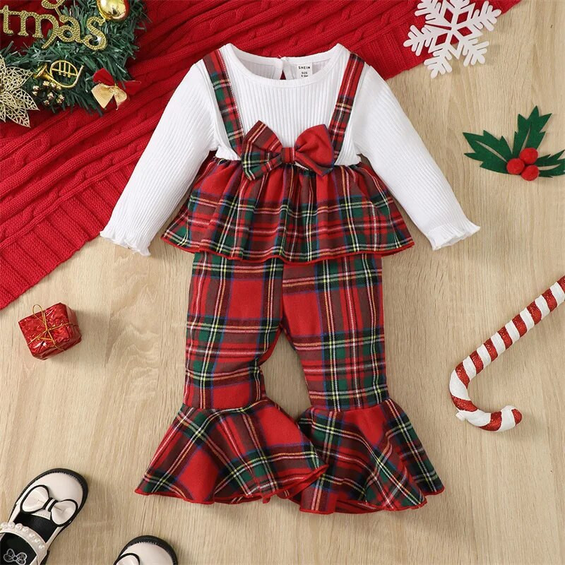 Suefunskry 2 bucăți ținută de Crăciun pentru fetițe, tricou patchwork cu mânecă lungă cu fundă și pantaloni evazați în carouri Set haine de toamnă