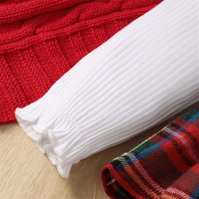 Suefunskry 2 bucăți ținută de Crăciun pentru fetițe, tricou patchwork cu mânecă lungă cu fundă și pantaloni evazați în carouri Set haine de toamnă