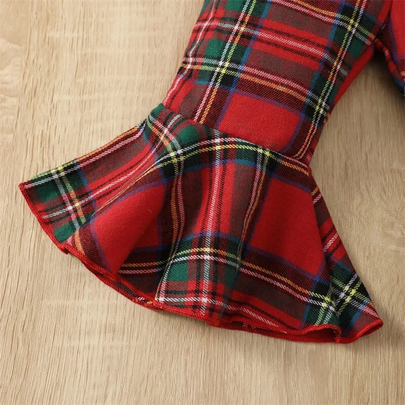 Suefunskry 2 bucăți ținută de Crăciun pentru fetițe, tricou patchwork cu mânecă lungă cu fundă și pantaloni evazați în carouri Set haine de toamnă