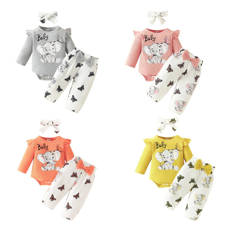 BeQeuewll 3 tk beebitüdruku armsad sügisrõivad, pikkade varrukatega elevanditrükiga püksid ja peapaela komplekt imikutele